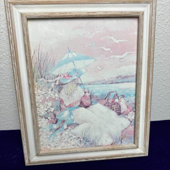 Original Painting "Picnic. Lake .Women with Umbrella" Wooden frame